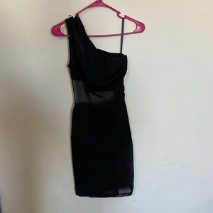Small black one shoulder mini dress with open back and mesh